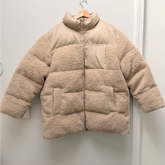 ASOS Jackets & Blazers - ASOS DESIGN Faux Leather Patched Fleece Puffer Jacket – Stone, Size 10